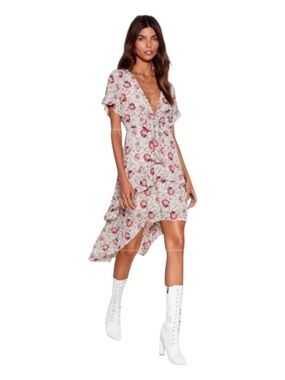 NASTY GAL High Low Cutout Front, Bodice Tie, Floral Short-Sleeve Dress, Size 4.